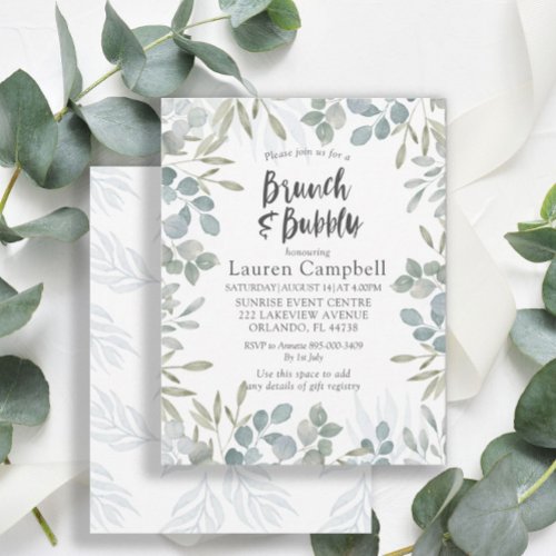 Brunch  Bubbly Greenery Watercolor Bridal Shower Invitation