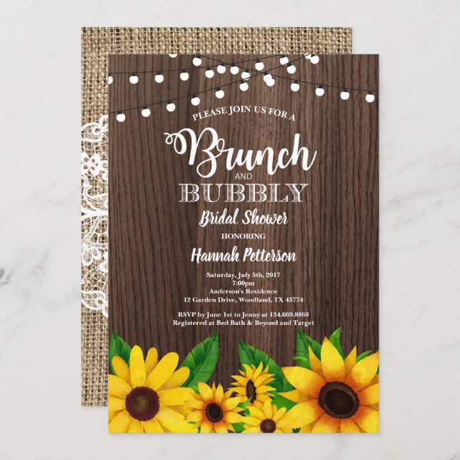 Brunch & Bubbly invitation Sunflower rustic (Front/Back)