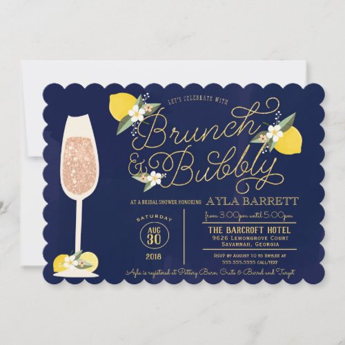 Brunch  Bubbly Lemon Gold Navy Blue Bridal Shower Invitation