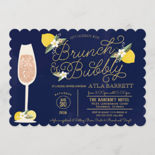 Brunch & Bubbly Lemon Gold Navy Blue Bridal Shower Invitation