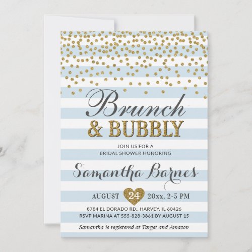 Brunch Bubbly Light Blue Gold Chic Bridal Shower Invitation