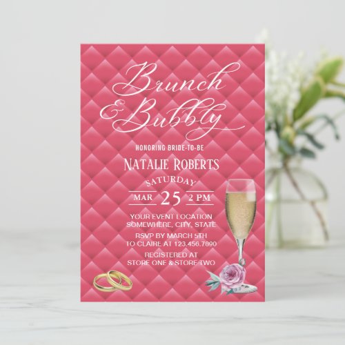 Brunch  Bubbly Luxury Pink Quilted Bridal Shower Invitation