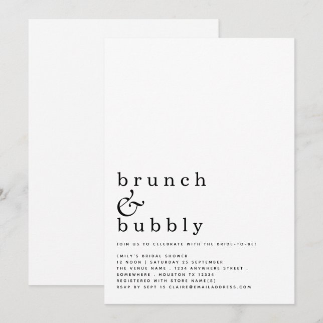 Brunch Bubbly Minimalist Typography Bridal Shower  Invitation (Front/Back)