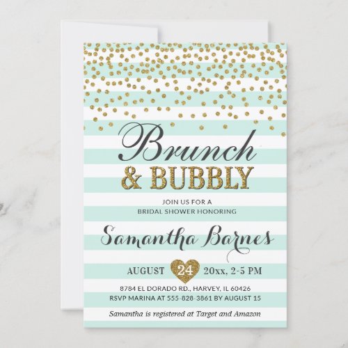 Brunch Bubbly Mint Green Gold Bridal Shower Stripe Invitation