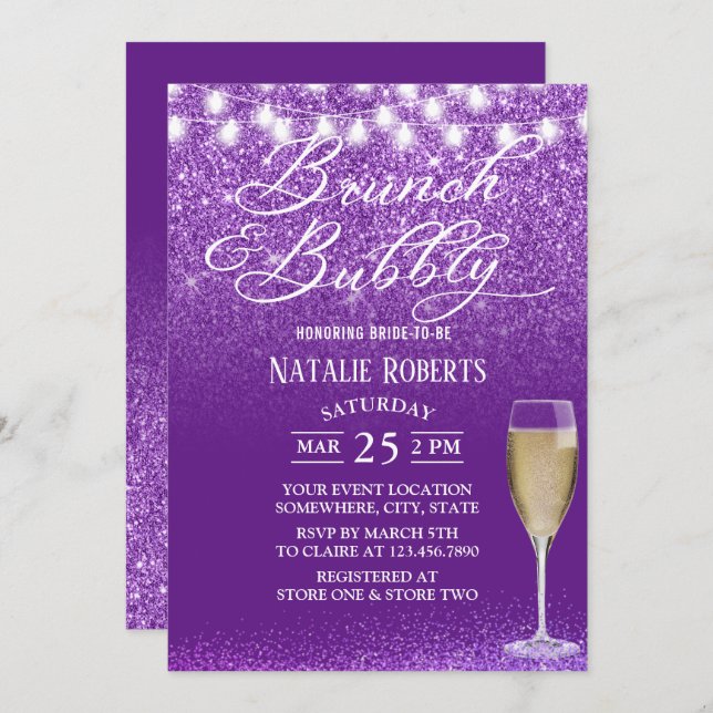 Brunch & Bubbly Modern Purple Bridal Shower Invitation (Front/Back)