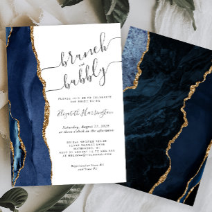 Brunch & Bubbly Navy Blue Gold Agate Bridal Shower Invitation