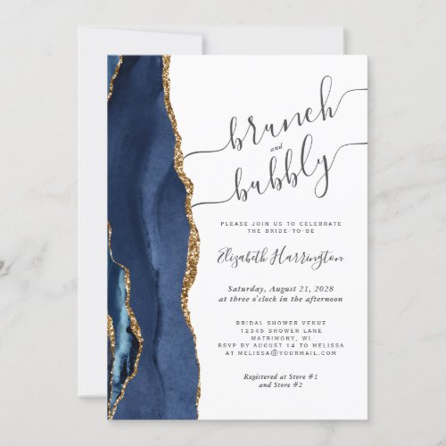 Brunch  Bubbly Navy Blue Gold Agate Bridal Shower Invitation