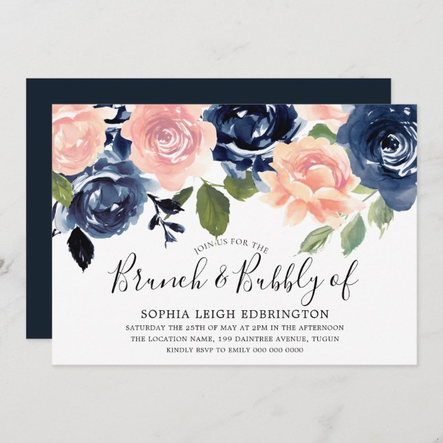 Brunch & Bubbly Navy & Blush Bridal Shower Invitation (Front/Back)