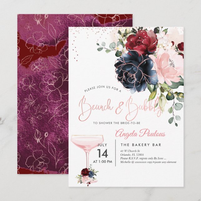 Brunch Bubbly Navy Burgundy Blush H2 flowers Invitation (Front/Back)