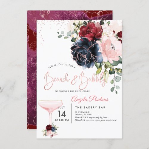 Brunch Bubbly Navy Burgundy Blush H2 flowers Invitation