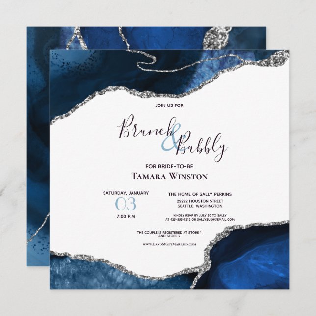 Brunch Bubbly Navy Silver Glitter Agate Shower Invitation (Front/Back)
