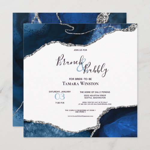 Brunch Bubbly Navy Silver Glitter Agate Shower Invitation