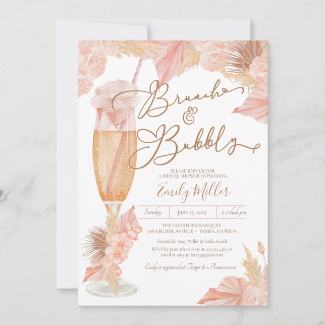 Brunch & Bubbly Pampas Grass Boho Bridal Shower Invitation (Front)