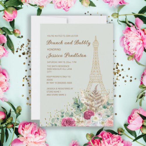 Brunch Bubbly Paris Eiffel Tower Bridal Shower Invitation