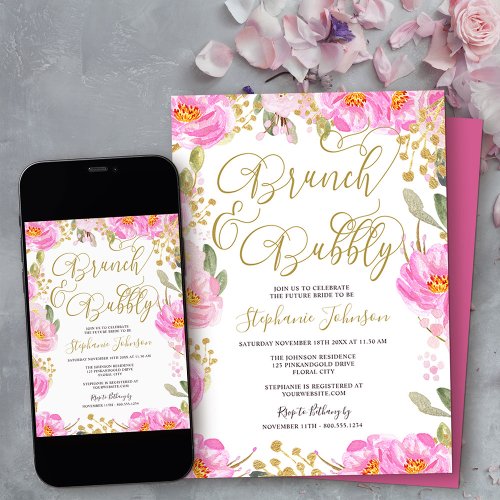 Brunch  Bubbly Pink and Gold Floral Bridal Shower Invitation