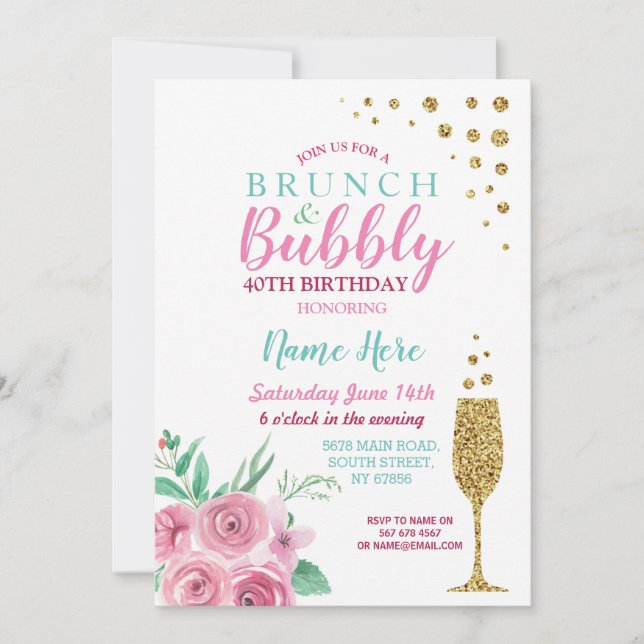 Brunch & Bubbly Pink Birthday Floral Invite (Front)