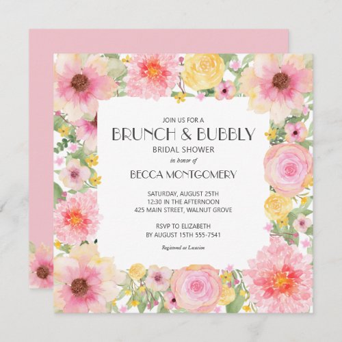 Brunch Bubbly Pink Floral Bridal Shower Invitation