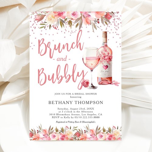 Brunch  Bubbly Pink Floral Bridal Shower Invitation