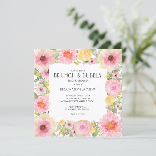 Brunch Bubbly Pink Floral Bridal Shower Invites