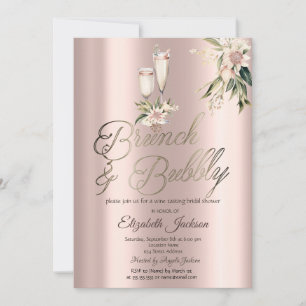 Brunch & Bubbly Pink Flowers Wine Bridal Shower Invitation