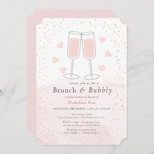 Brunch  Bubbly Pink Gold Champagne Bridal Shower Invitation