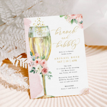 Brunch & Bubbly Pink Gold Floral Bridal Shower Invitation by FancyShmancyNotes at Zazzle