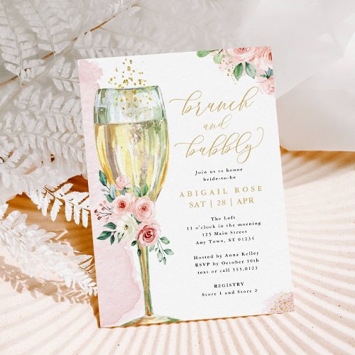 Brunch  Bubbly Pink Gold Floral Bridal Shower Invitation