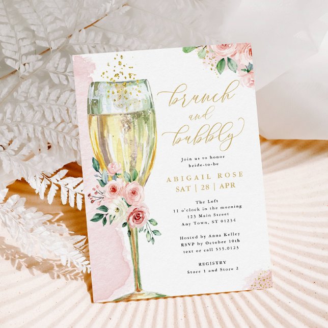 Brunch & Bubbly Pink Gold Floral Bridal Shower Invitation