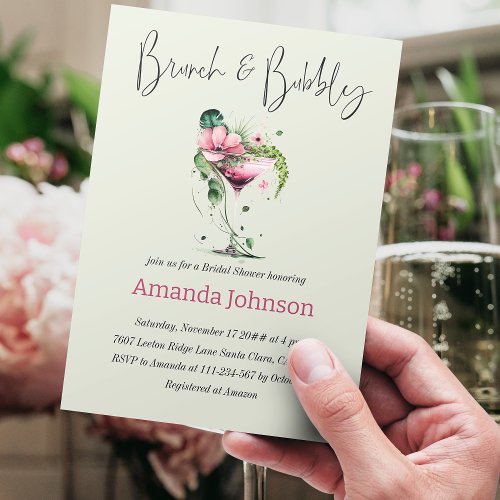 Brunch  Bubbly Pink Greenery Floral Bridal Shower Invitation