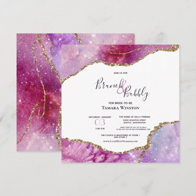 Brunch & Bubbly Pink Purple Gold Agate Shower Invitation (Front/Back)