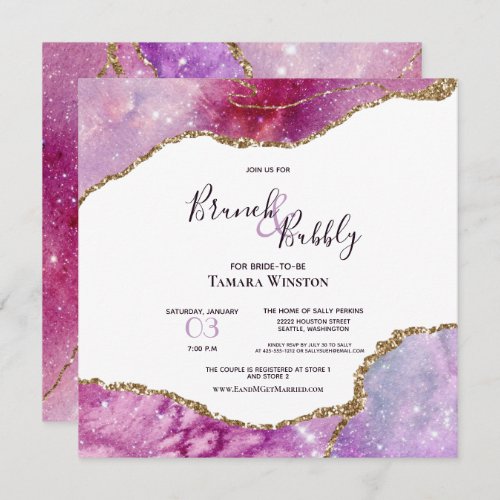 Brunch  Bubbly Pink Purple Gold Agate Shower Invitation