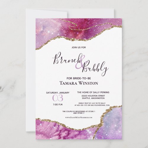 Brunch  Bubbly Pink Purple Gold Agate Shower Invitation