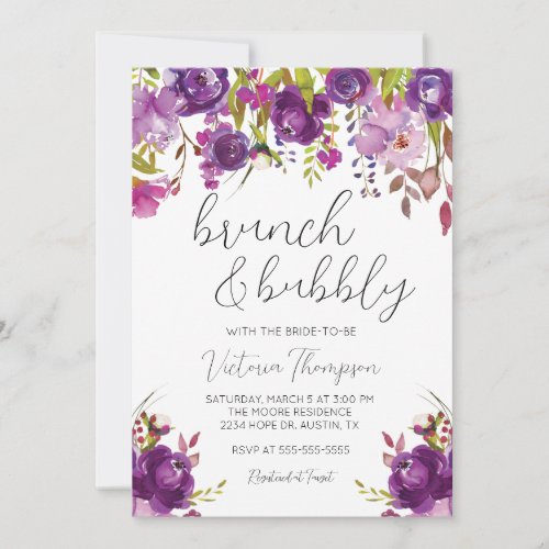 Brunch  Bubbly Purple Floral Shower Invitation