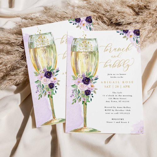 Brunch  Bubbly Purple Gold Bridal Shower Invitation