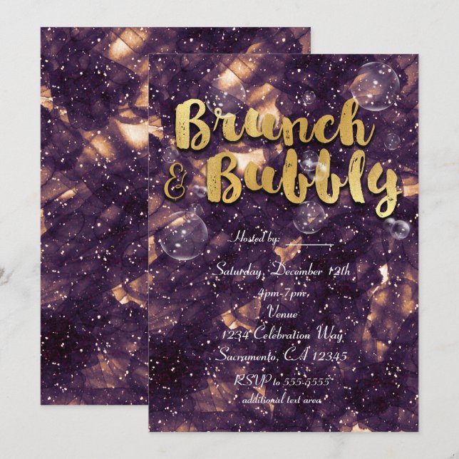 Brunch & Bubbly Purple Gold Glam Chic Invitations (Front/Back)