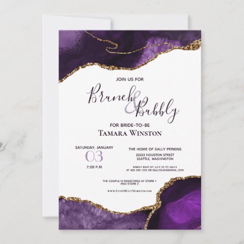 Brunch Bubbly Purple Gold Glitter Agate Shower Invitation