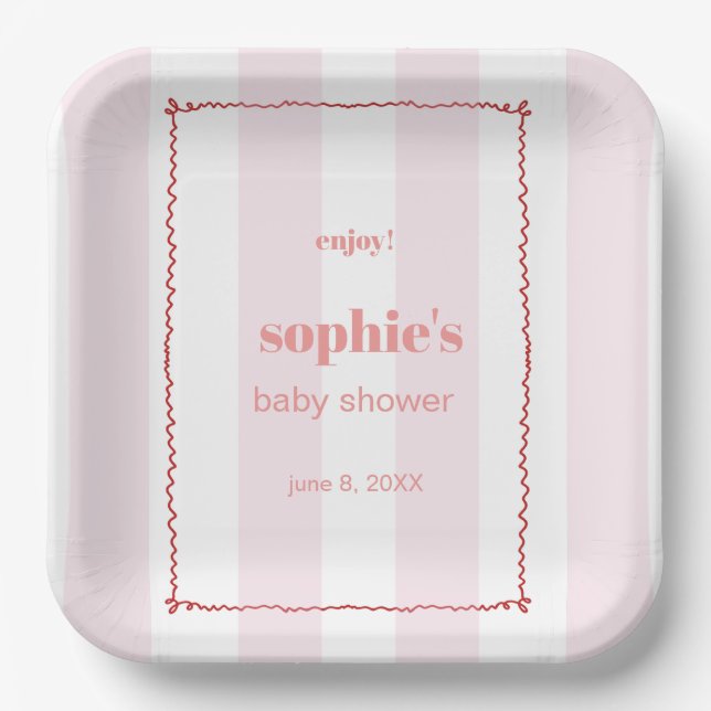 Brunch & Bubbly Red And Pink Retro Wavy  Paper Plates (Front)