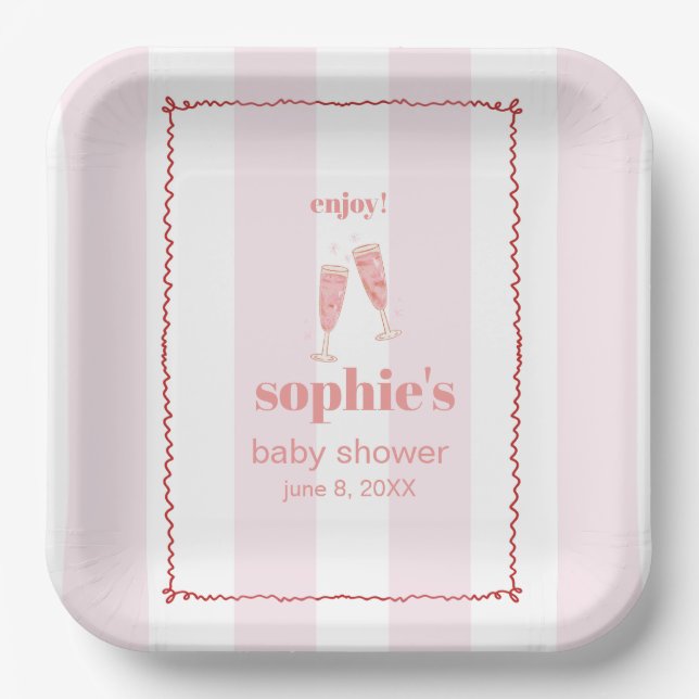 Brunch & Bubbly Red And Pink Retro Wavy  Paper Plates (Front)
