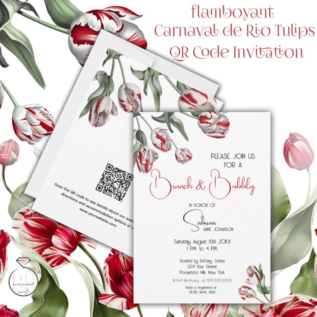 Brunch & Bubbly  | Red & White Rembrandt Tulips Invitation