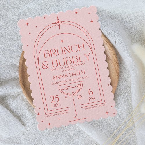 Brunch  Bubbly Retro Pink Red Bridal Shower Invitation