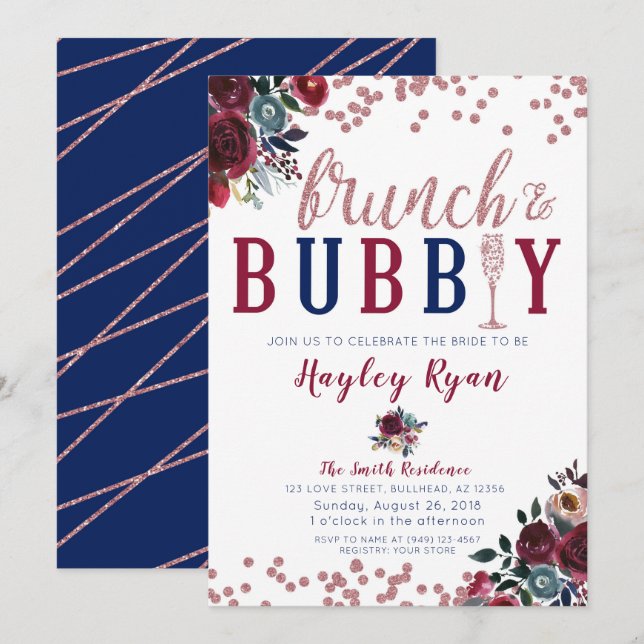 Brunch & Bubbly Rose Gold Burgundy Navy Champagne Invitation (Front/Back)
