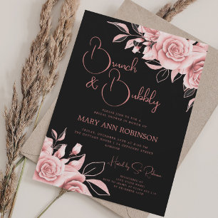 BRUNCH BUBBLY Rose Gold Floral Bridal Shower Black Invitation