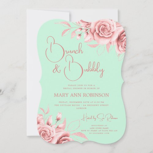 BRUNCH BUBBLY Rose Gold Floral Bridal Shower Mint Invitation