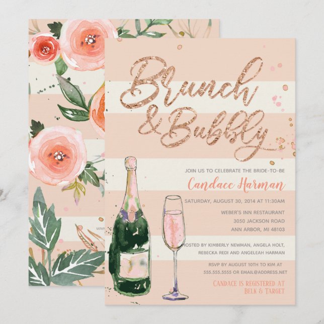 Brunch & Bubbly Rose Gold Glitter Bridal Shower Invitation (Front/Back)