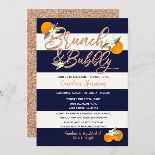 Brunch  Bubbly Rose Gold Navy Blue Bridal Shower Invitation