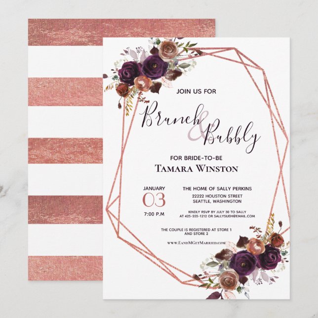 Brunch & Bubbly Rose Gold Purple Geometric Shower Invitation (Front/Back)