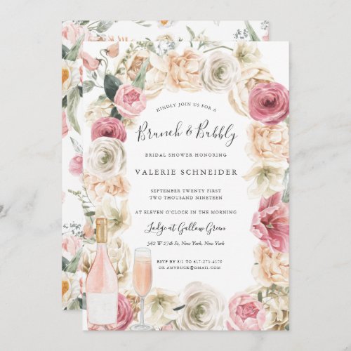 Brunch  Bubbly  Ros Wine Floral Bridal Shower Invitation