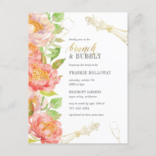 Brunch & Bubbly Roses & Gold Glitter Bridal Shower Invitation Postcard