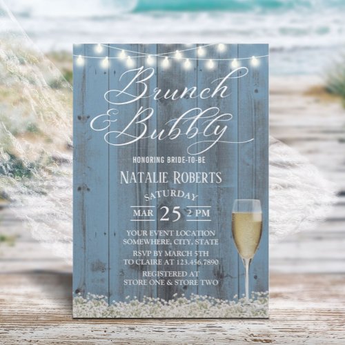 Brunch  Bubbly Rustic Dusty Blue Bridal Shower Invitation