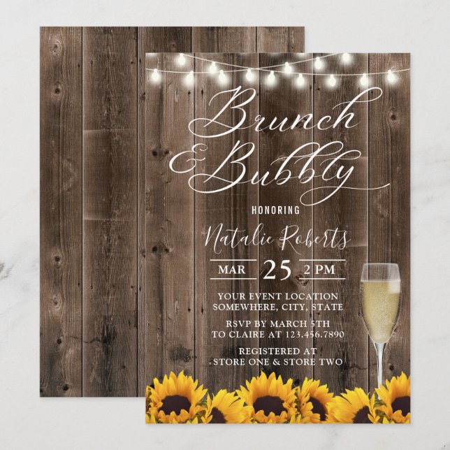 Brunch & Bubbly Rustic Sunflower Bridal Shower Invitation (Front/Back)